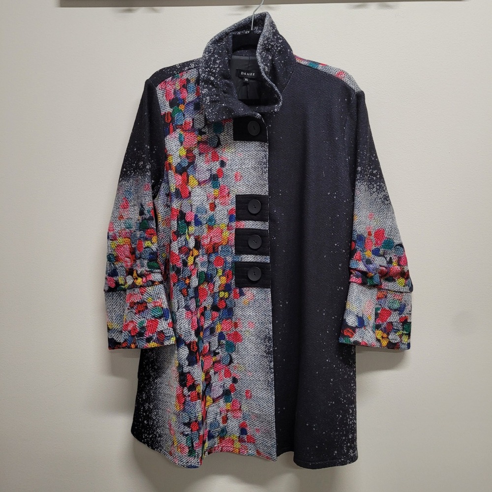 Damee New York Womens XL Abstract Print Button Front Jacket Grey Multi 4699-GRY